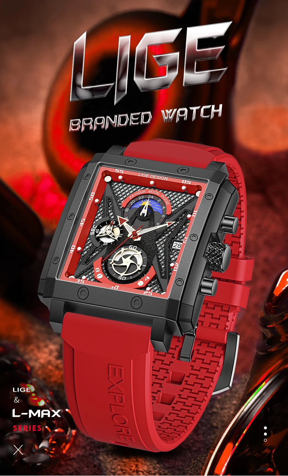 LIGE New Fashion Mens Watches Top Brand Luxury Silicone Quartz Watch For Men Waterproof Chronograph 24 Hour Moon Phase Clock+Box