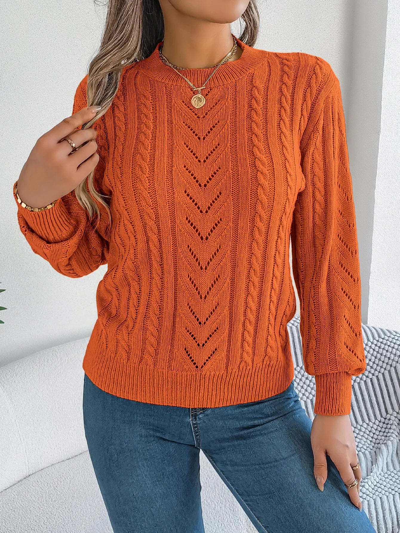 Autumn and Winter Casual Solid Color O-Neck Hollow Out Long Sleeved Pullover Sweater BAZAARHUBO