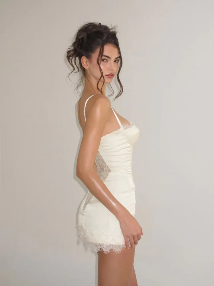 Women White Lace Trim Corset Mini Dress Sexy Sweetheart Neck Spaghetti Strap Slit Hem 2026 Summer Leisure Nightclub Party Wear