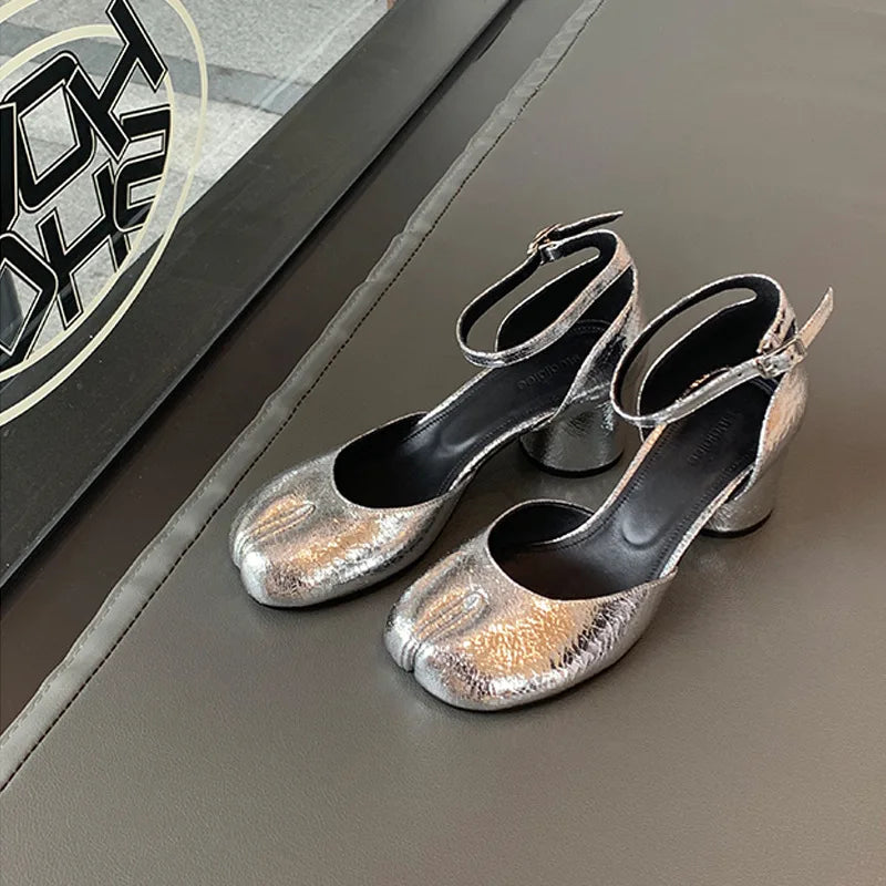 Brand Designer Tabi ninja high heels shoes woman ankle strap silver crack leather pumps split toe D'orsay mary janes shoes woman
