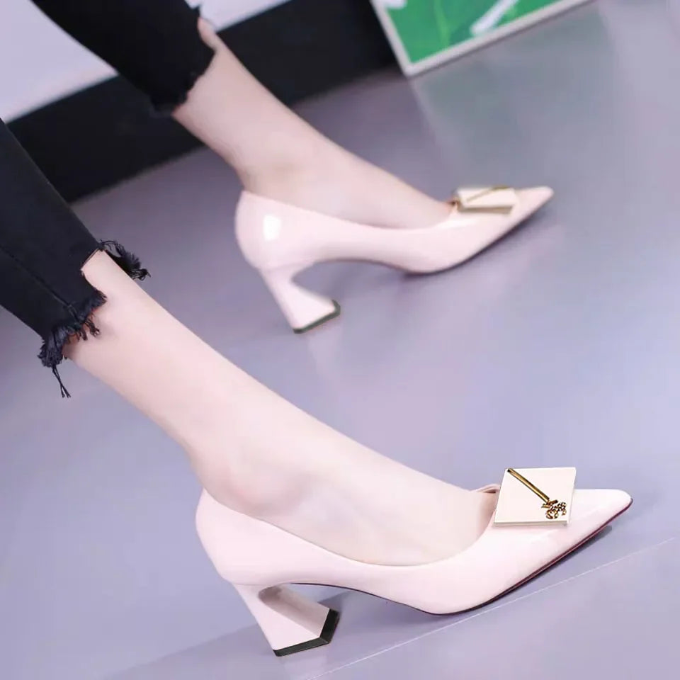 Cresfimix Sapatos Femininas Women Cute Pointed Toe High Quality Wine Red Patent Leather Slip on Square Heel Office Shoes A1139