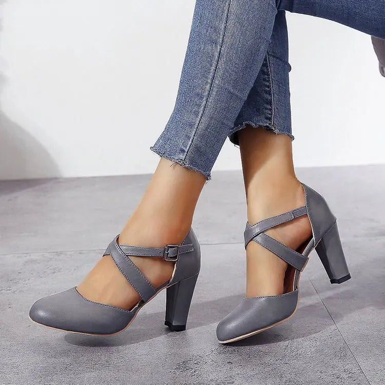 Women High Heels Shoes 2023 Autumn New Round Toe Chunky Heel Casual Platform Women's Shoes Female Belt Buckle