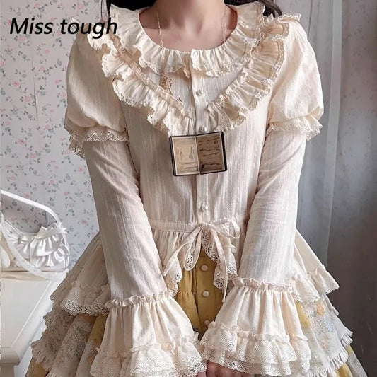 Japanese Kawaii Solid Women Tops Bubble Long Sleeve Lolita Shirt Lace Flared Sleeve Court Retro Pullover Y2k Gothic Style Blouse