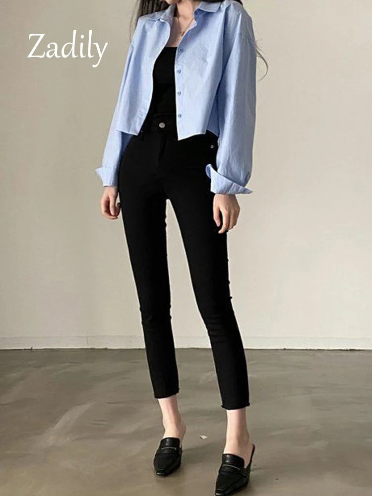 Zadily White Casual Long Sleeve Crop Top Blouse Korea Style Women Spring 2023
