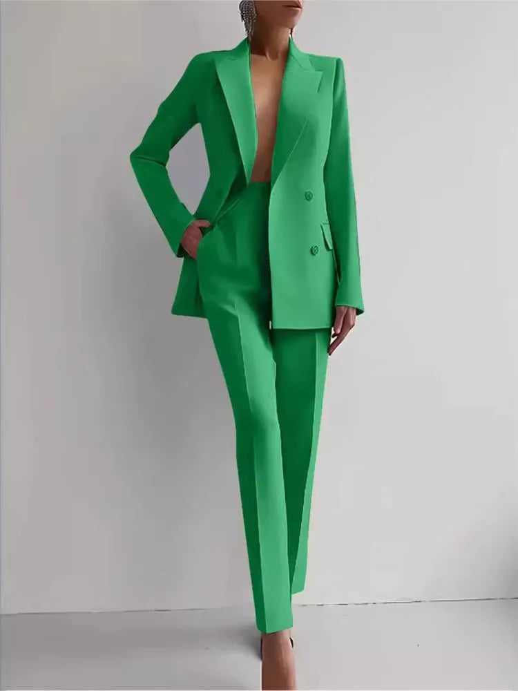 Spring Casual Long Sleeve Two Piece Blazer Pants Suit For Women Office Wear
