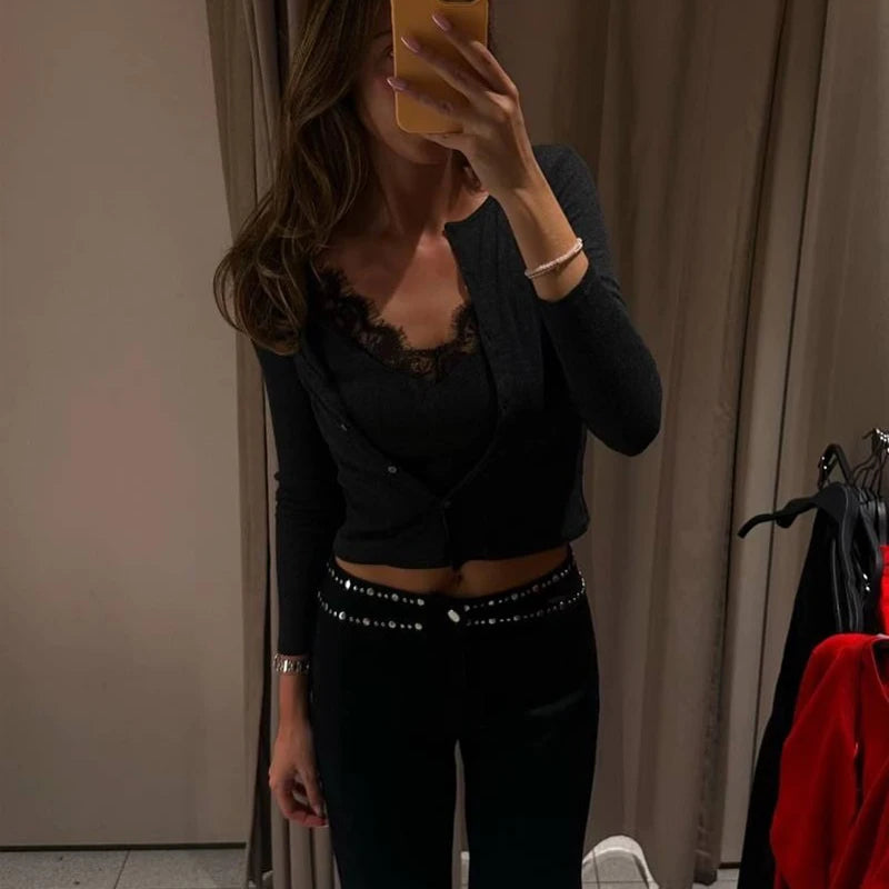 MUJER Lace Cropped Jacket Women Tops Vintage Knit Demi-season Jackets for Women Button up Women's Coats Office Knitted Cardigan