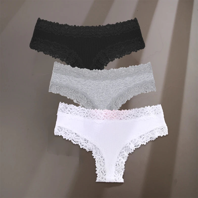 3Pcs/Set Sexy Lace Briefs Cotton Panties Women's Fashion 7 Solid Color Comfortable Briefs Low Waist Underpants Stretch Underwear