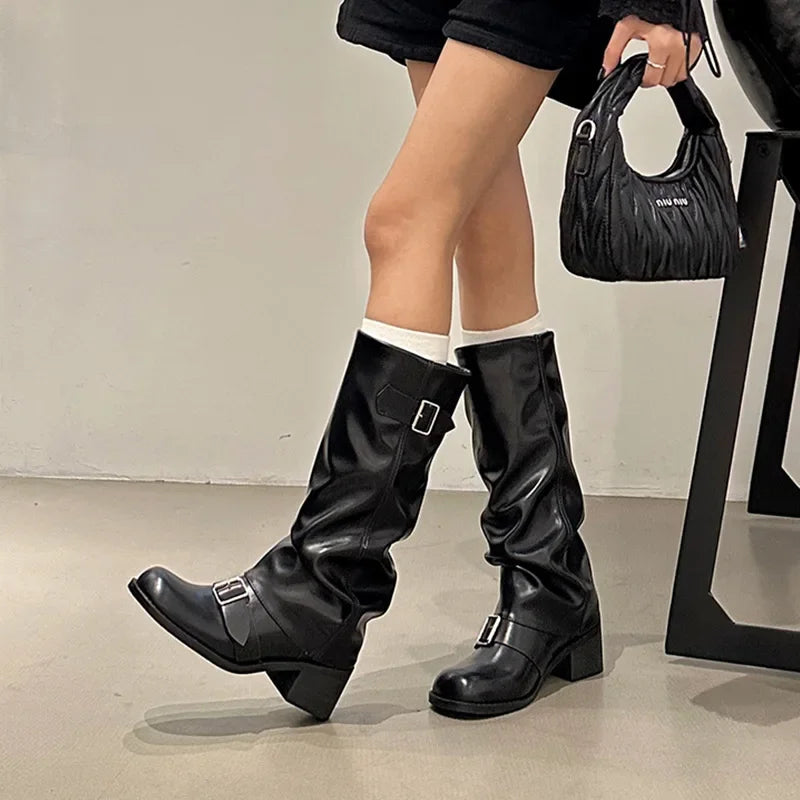 Pleated Buckle Knight Boots for Women Autumn Brown PU Leather Mid Calf Boots Woman Slip-On Thick Heel Riding 2024