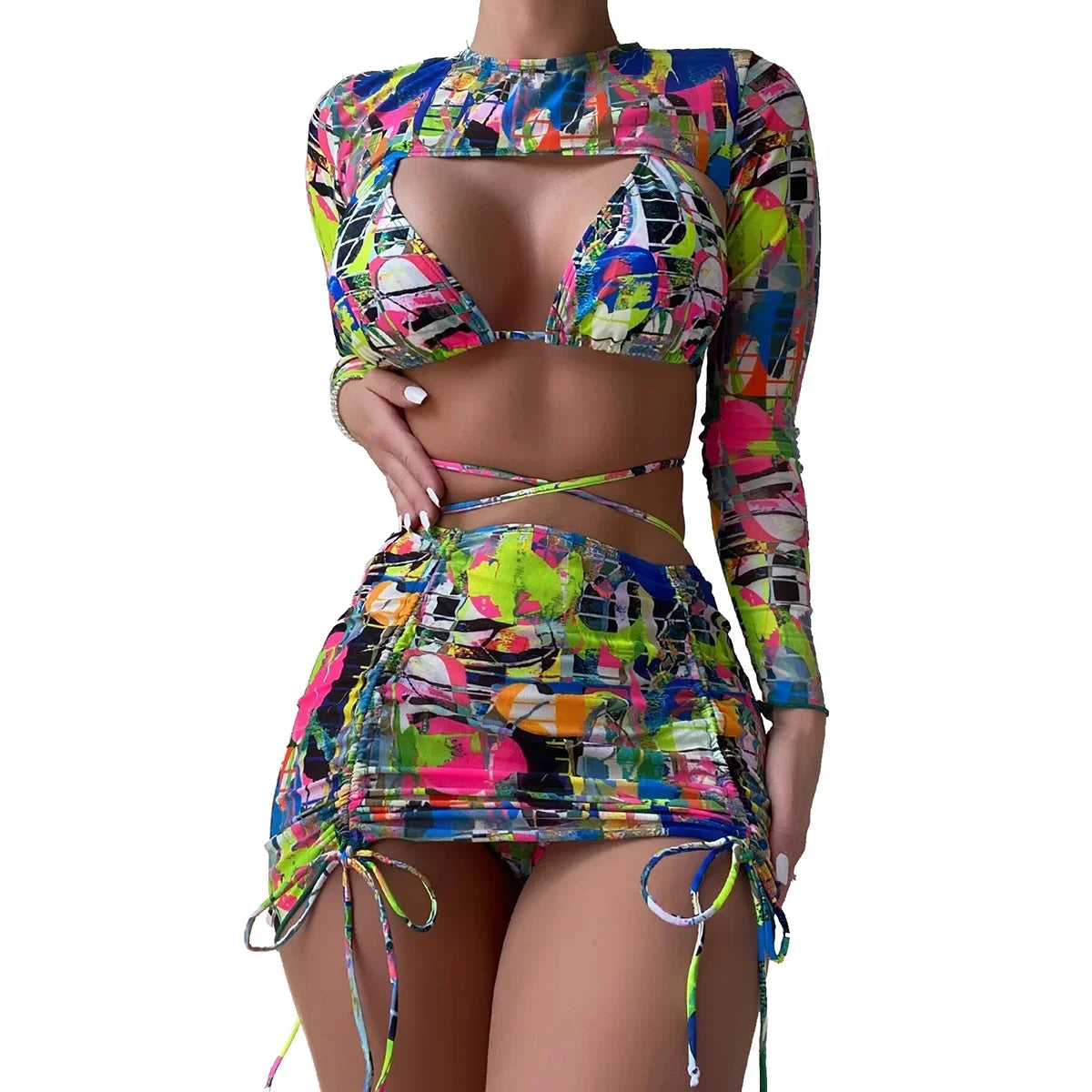 Sexy Printed 4 Piece Bikinis Women Push Up Swimwear With Wrap Long Sleeve Skirt Swimsuit Bathing Suit Beach Wear Female