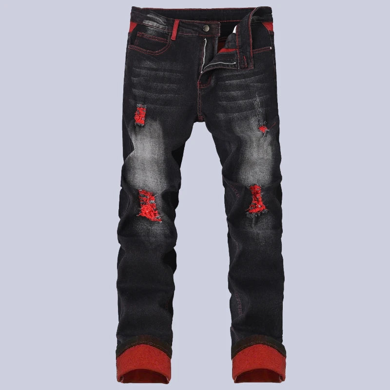 Men's Elastic Patch Style Jeans Black Red Design Slimming Men's Clothing Cozy Denim Pants Personalized Hip Hop Trend Trousers