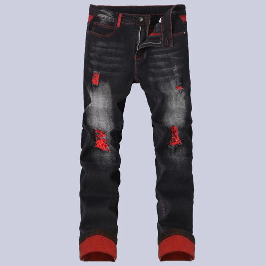 Men's Elastic Patch Style Jeans Black Red Design Slimming Men's Clothing Cozy Denim Pants Personalized Hip Hop Trend Trousers
