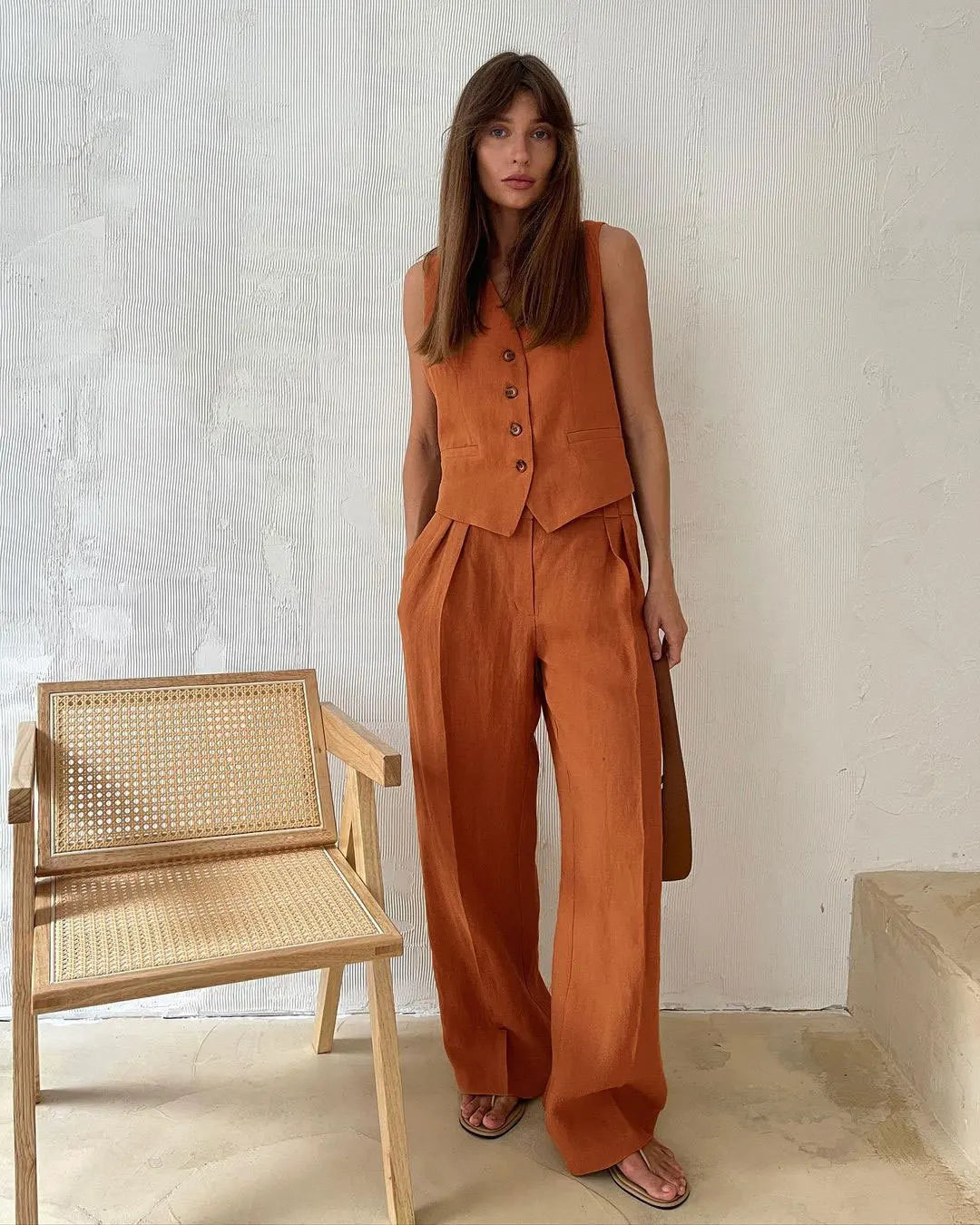 Sleeveless Vest Jacket Top Casual Pants Two-piece Set For Women's Wide Leg Pant Sets Sexy Summer Boho Cotton Linen Ladies Suits
