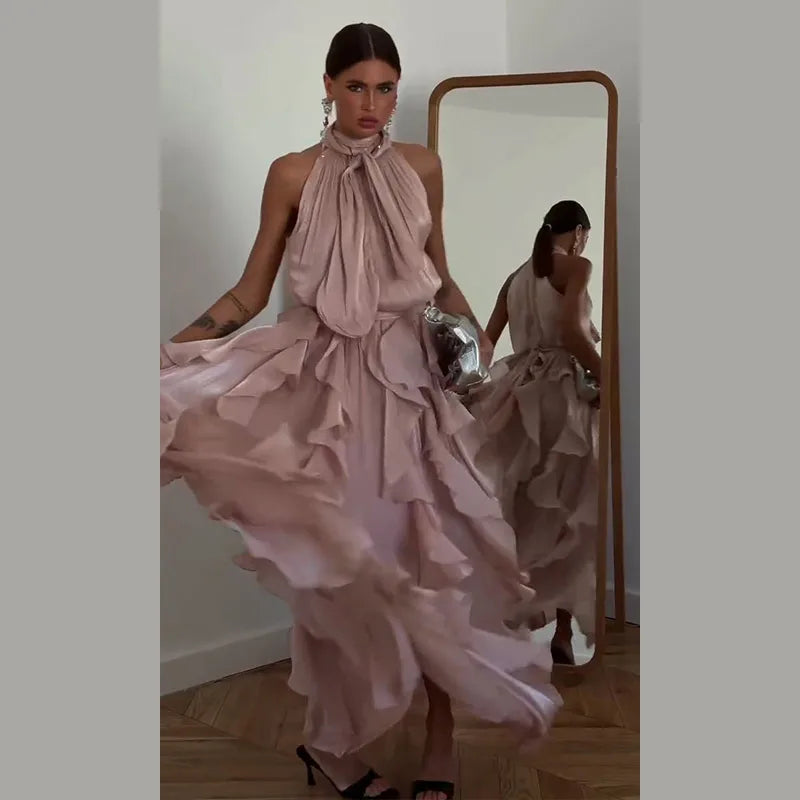 Sexy Cascading Ruffle Pleated Women Long Dress Fashion Lace Up Sleeveless Empire Female Dresses 2026 Spring Summer Lady Robe New