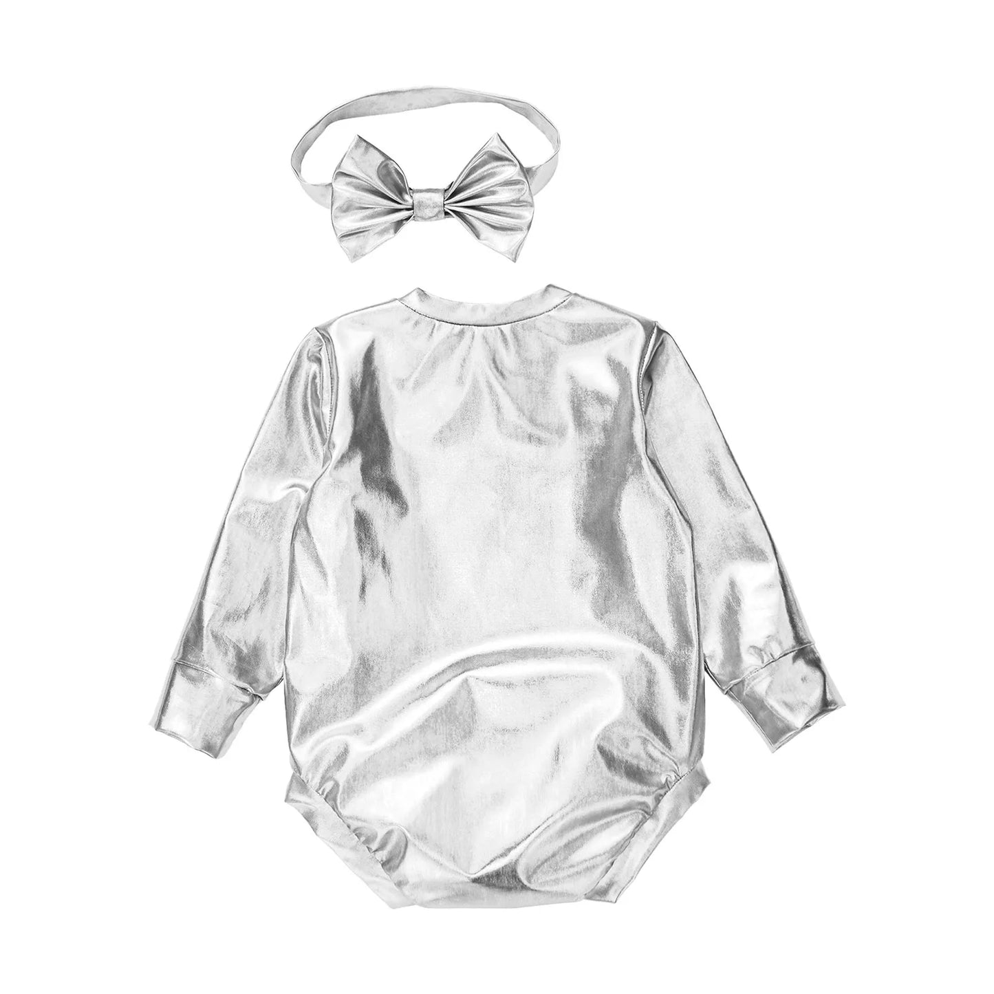 Baby Girls Long Sleeve Metallic Shiny Buttons Crotch Romper with Bow Headband Birthday Theme Party Photography Outfit Daily Wear
