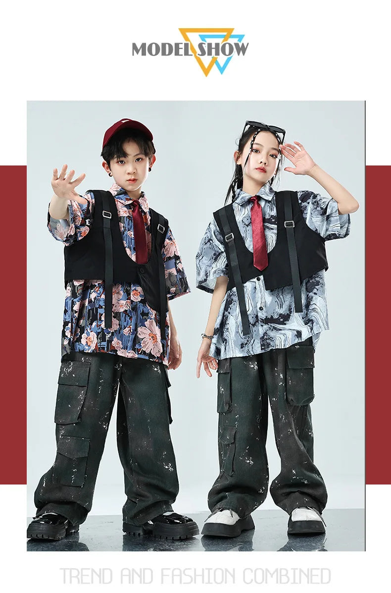 Kids Tracksuits Teens Stage Fashion Show Dance Clothes Boys Girls Suits Sets Vest Pant Shirt Children Jazz Hip Hop Costumes