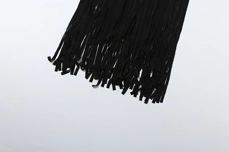 Weird Puss Velvet Halter Dress Women Ruched Patchwork Tassel Hem Backless Bodycon