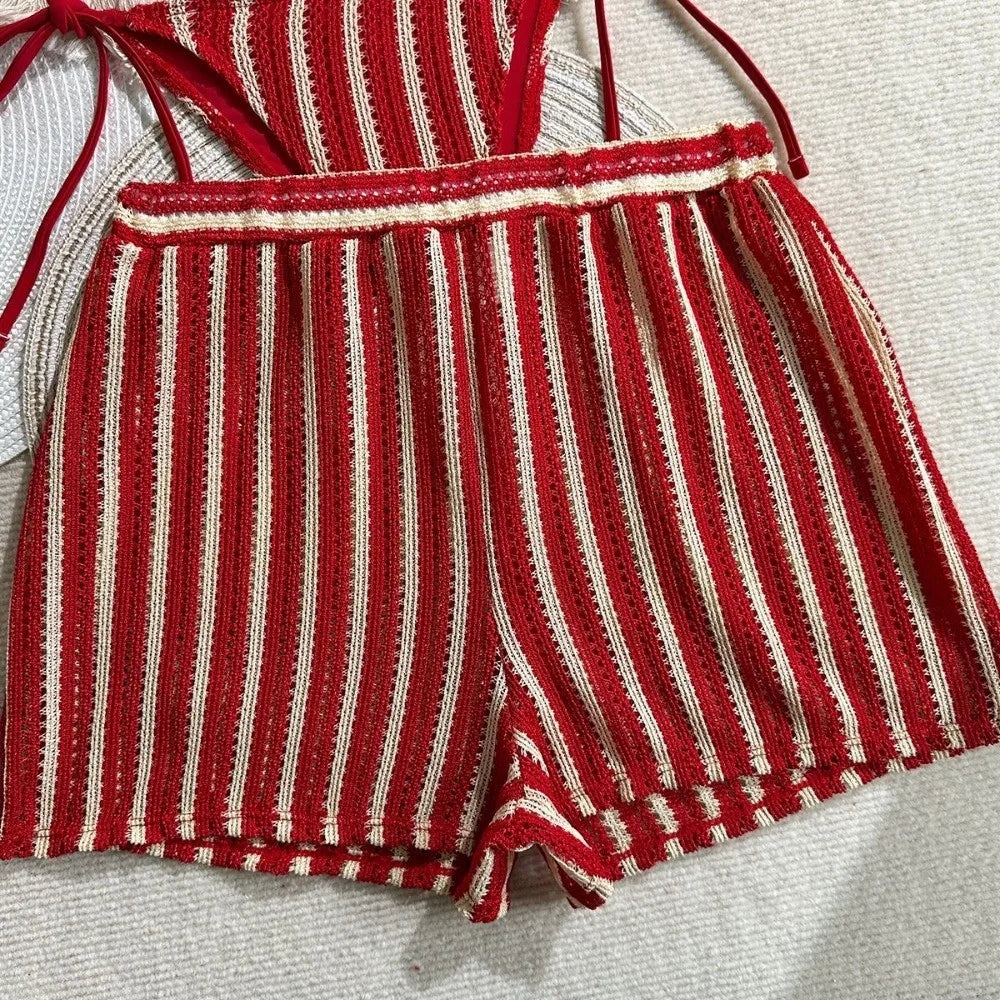 Fashion Stripes 3 in 1 Swimwear Set Lace Up Slim Fit Bikini Bathing Suit Deep-V Sleeveless Knitting Swimsuit Beach