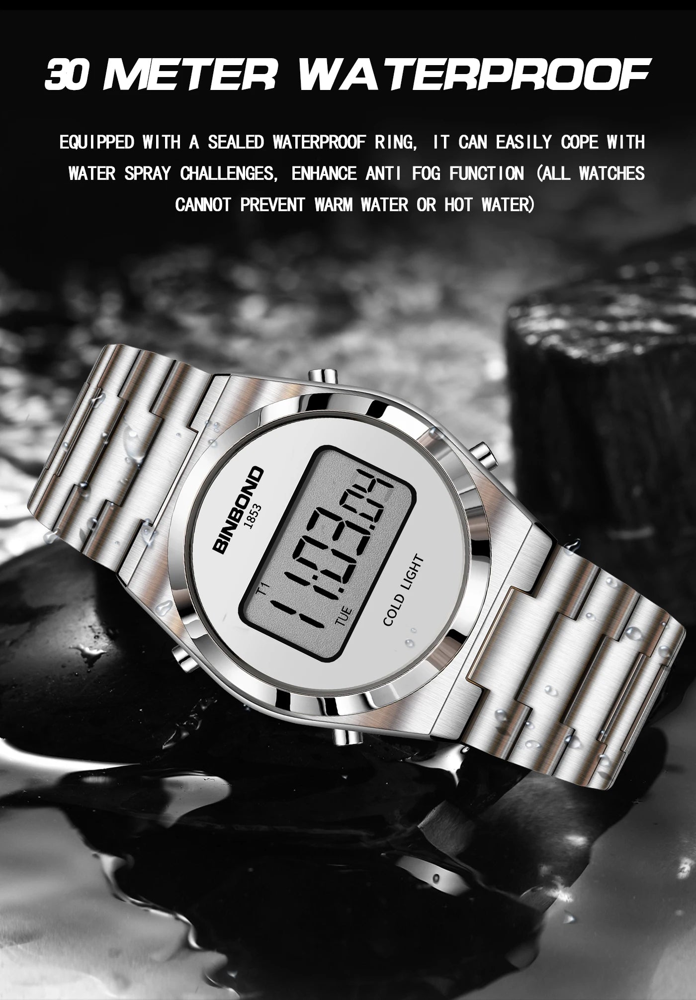 BINBOND New Men Electron Watch Luxury Stainless Steel LED Digital Waterproof Men Wristwatch Luminous Sports Clock Reloj Hombre