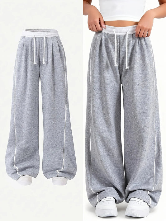 Kids Girls Contrast Line Drawstring Waist Baggy Wide Leg Heather Gray Casual Sport Sweatpants