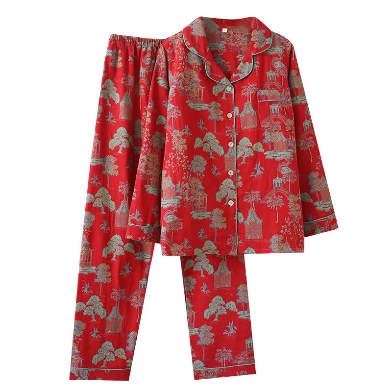 Cotton Jacquard Women's Pajamas Set for Spring and Autumn Retro Color Woven Home Clothes Long Sleeved Pyjamas Women