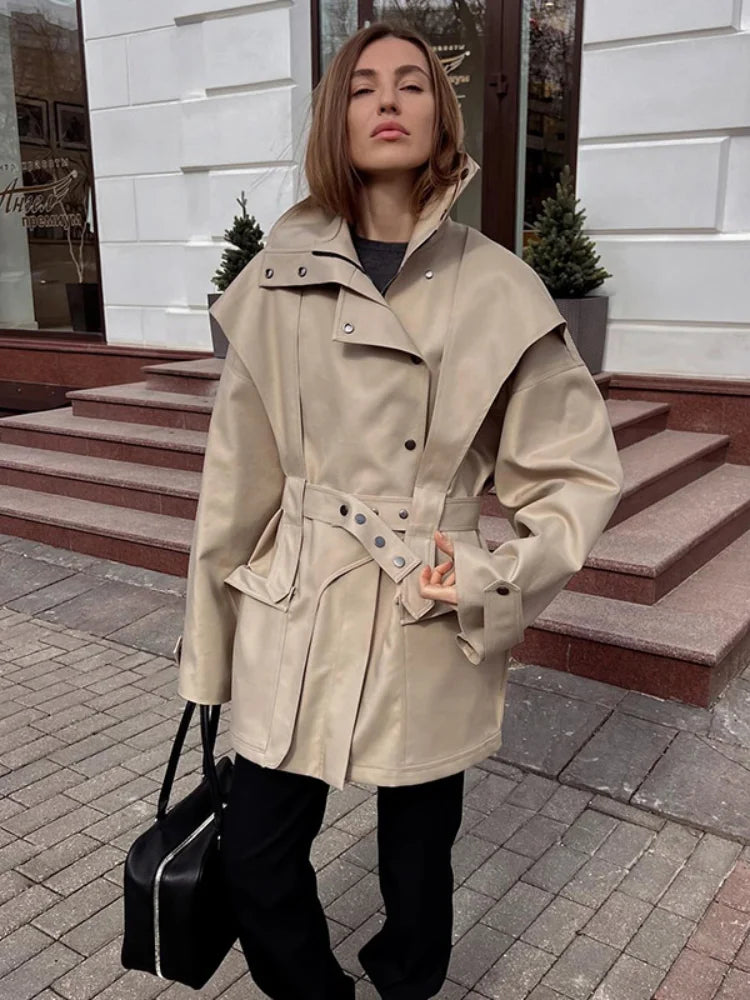 Solid Oversized Tie-waist Cropped Trench Coat Women Drop Shoulder Outerwear 2026 Lady Spring Modern Edgy Fashion Streetwear Coat