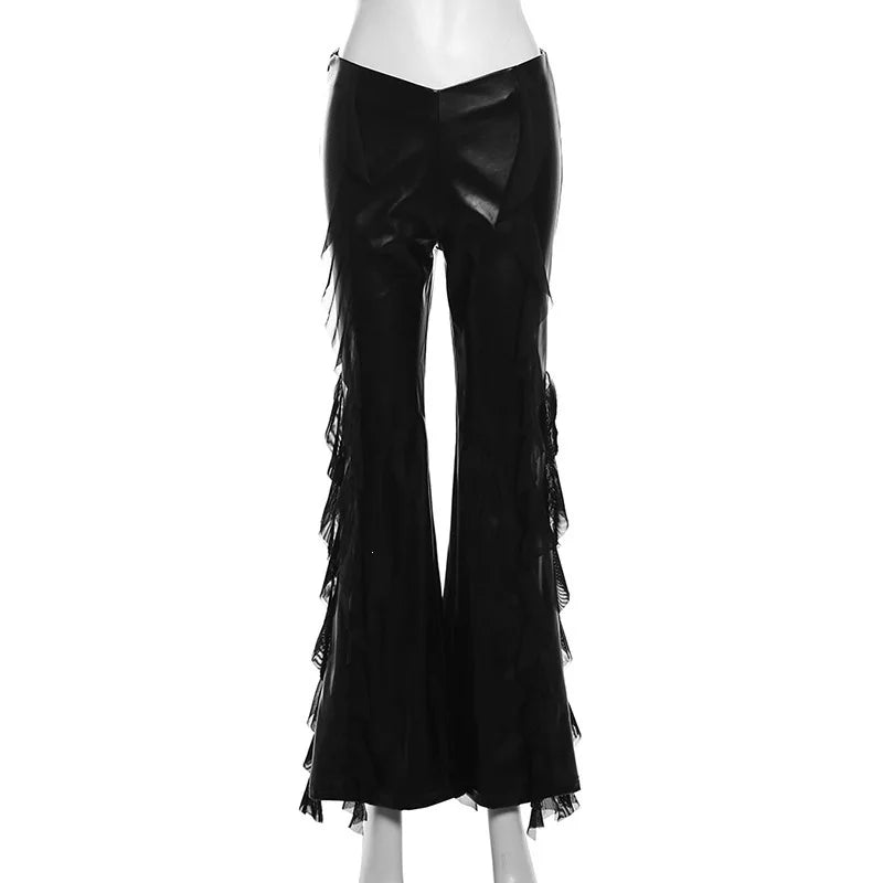 Punk Style PU Leather Pants Gothic Black Lace-paneled Trouser Sexy High-waisted Slim Flared Pants 2026 Summer Women's Clothing