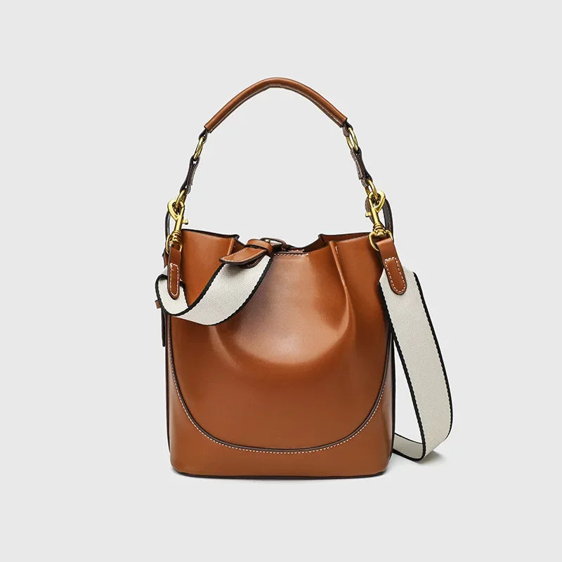 New Women's Large Capacity Bucket Bags with Wide Shoulder Strap Single Shoulder Handbag Drawstring Handheld Crossbody Bags