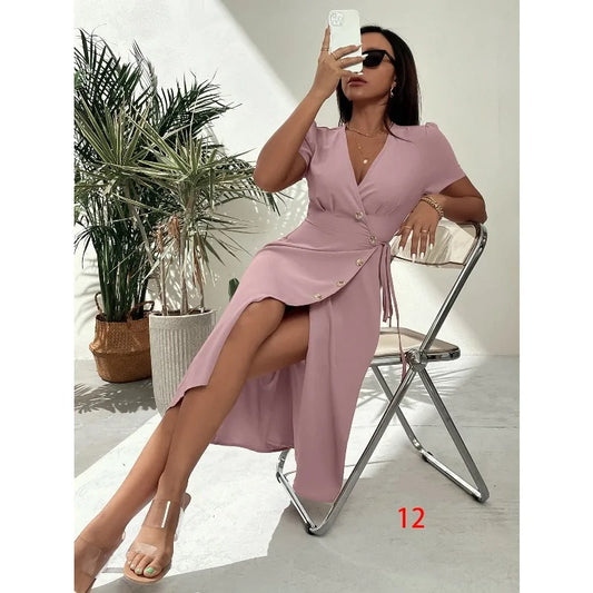 Women Maxi Dress Summer V Neck Short Sleeve Button Detail Waist Tie Elegant Casual Beach Party Slim Ladies Fashion Long Dress