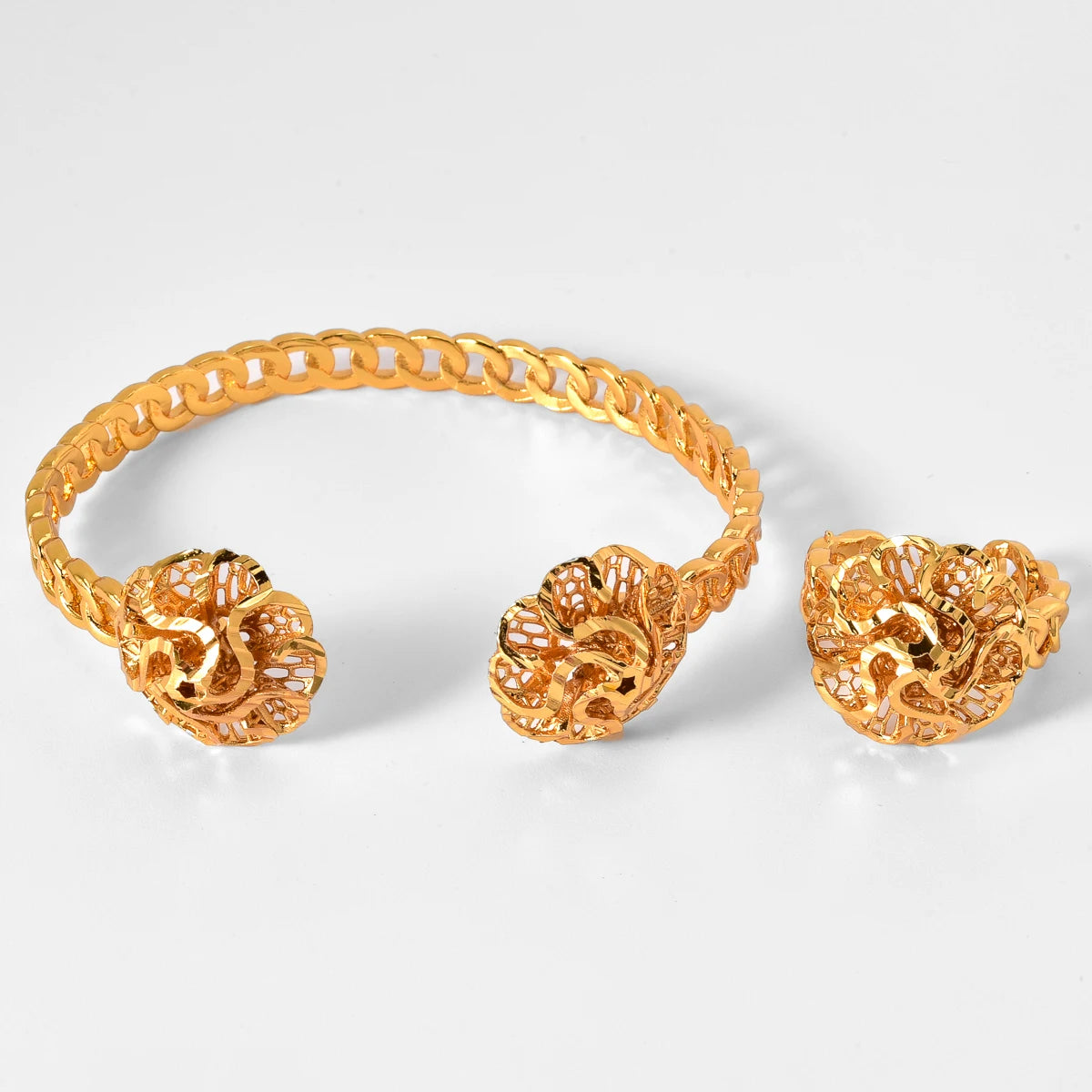 African Gold Plated Floral Cuff Bangle  Ring Set for Women Arabic Pattern Daily Jewelry Gift