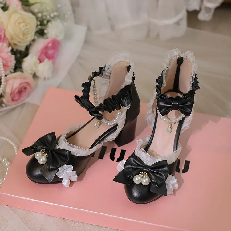 Ochanmeb Sweet Kawaii Girls Lolita Shoes Thick High Heels Cosplay Pumps Bow Knot Pearls Chain Ruffles Lovely Wedding Party Pumps