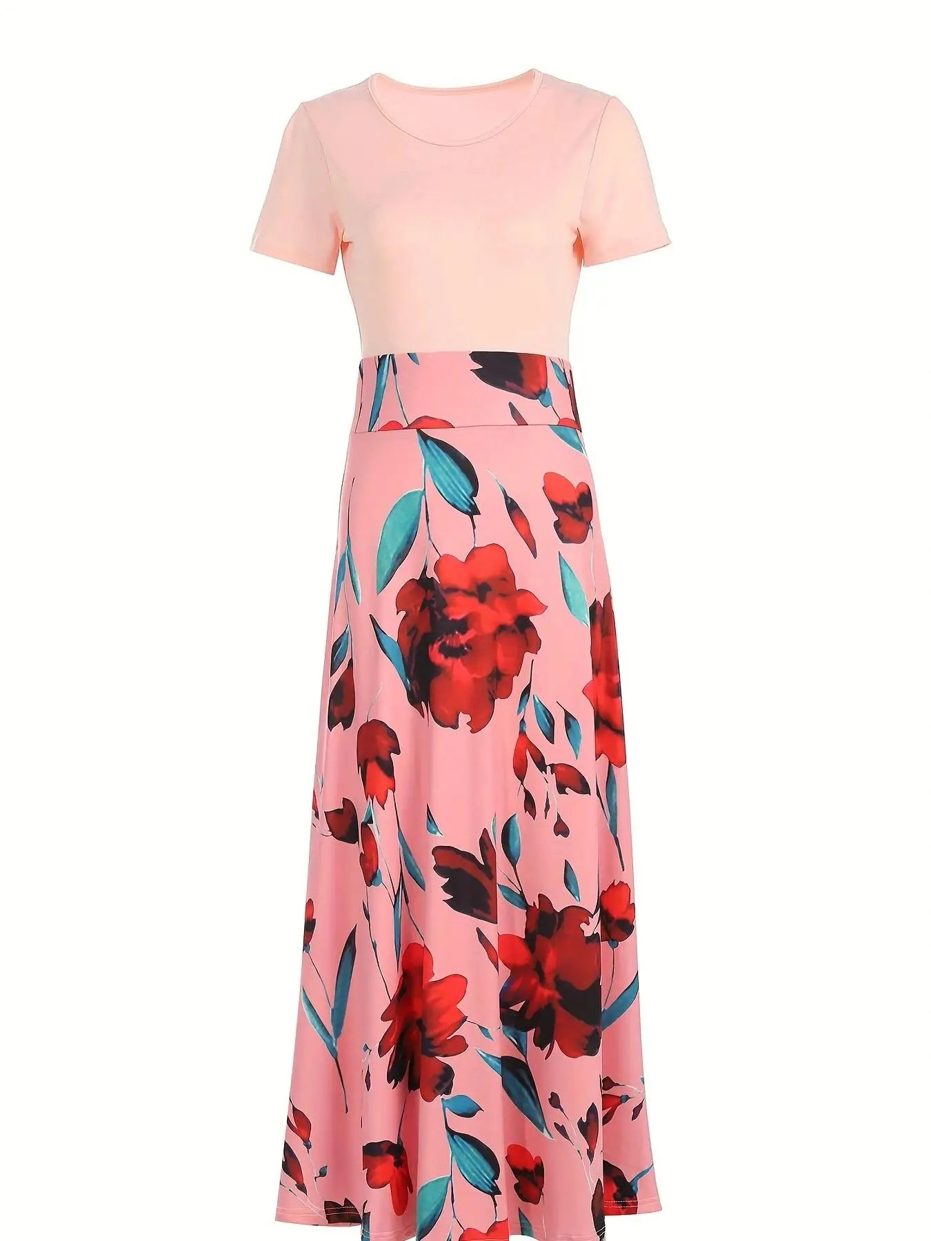2024 European and American style flower print color matching short sleeved dress for women's large swing skirt BAZAARHUBO