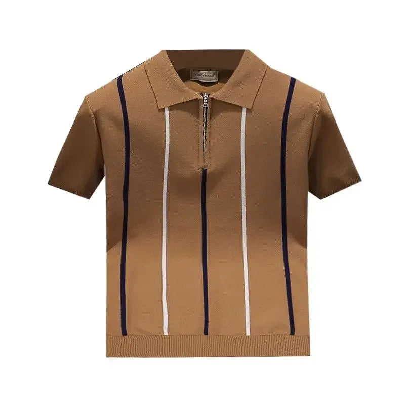High-end Short-sleeved Men's British Retro Striped Slim Lapel Knitted Contrasting T-shirt 1/2 Pieces