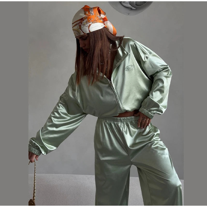 2026 Spring Satin Embroidered Zip-Up Jacket Wide Leg Pants Set Oversized Slouchy Women 2 Pcs Outfit Cool Lady Co-ord Streetwear