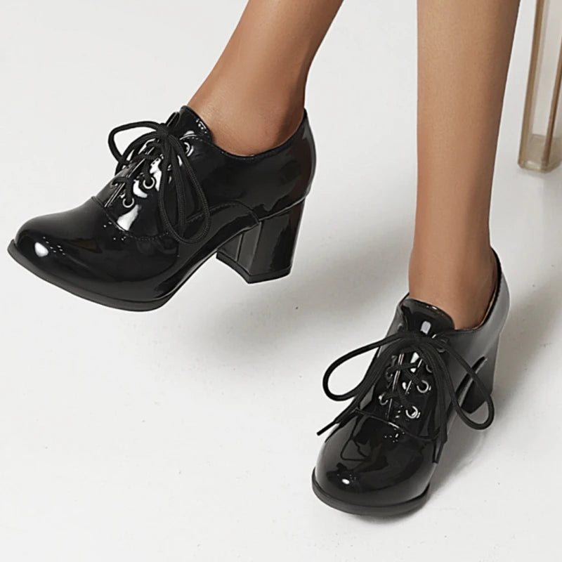 Women's Purple High Heels Loafer Shoes Fashion Lace-up Black White Block Heeled Party Wedding Office Shoes Female Big Size 45