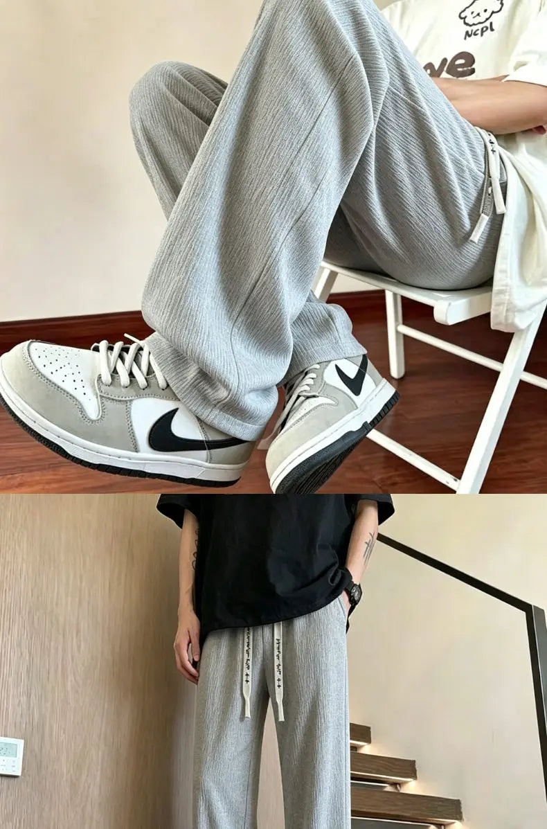 New Mens Wide Leg Pants Summer Loose Textured Casual Trousers Baggy Straight Relaxed Fit Streetwear Comfortable Pants