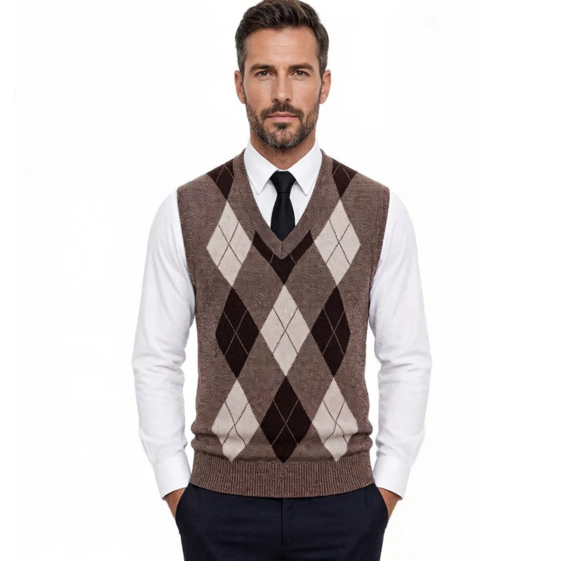Mens Business Casual Knit Vest Classic Argyle Light Weight Knitwear Suit Vest Versatile Sleeveless Pullover Vests