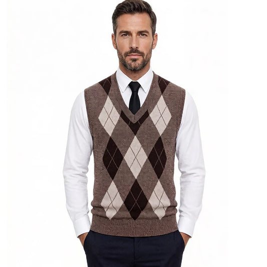 Mens Business Casual Knit Vest Classic Argyle Light Weight Knitwear Suit Vest Versatile Sleeveless Pullover Vests