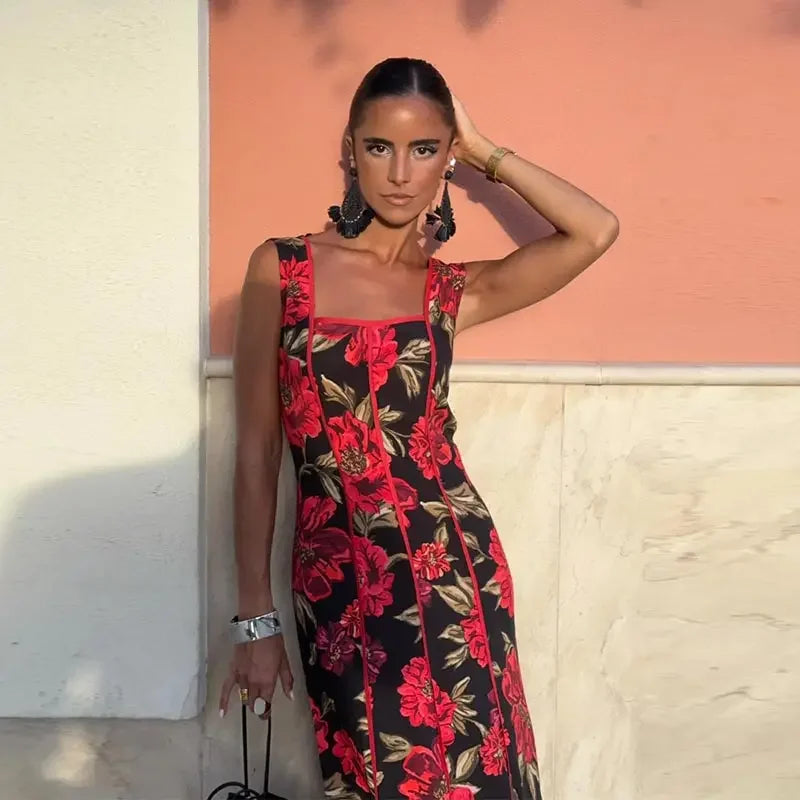 Sexy Printed Flower Long Women's Dress Sleeveless Waist-Closed Slash Neck Lady Dresses Summer Sling Vacation Holiday Robe