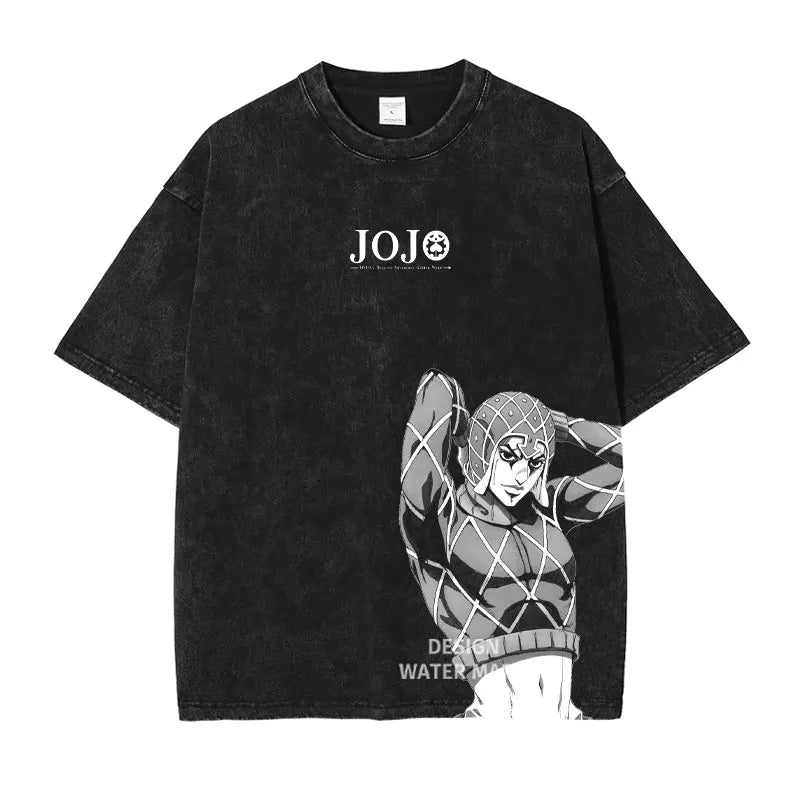 Anime JoJo's Bizarre Adventure Jonathan Joestar Gyro Print Tee Men Vintage Washed Tshirts Manga Cotton T-shirt Harajuku T Shirt