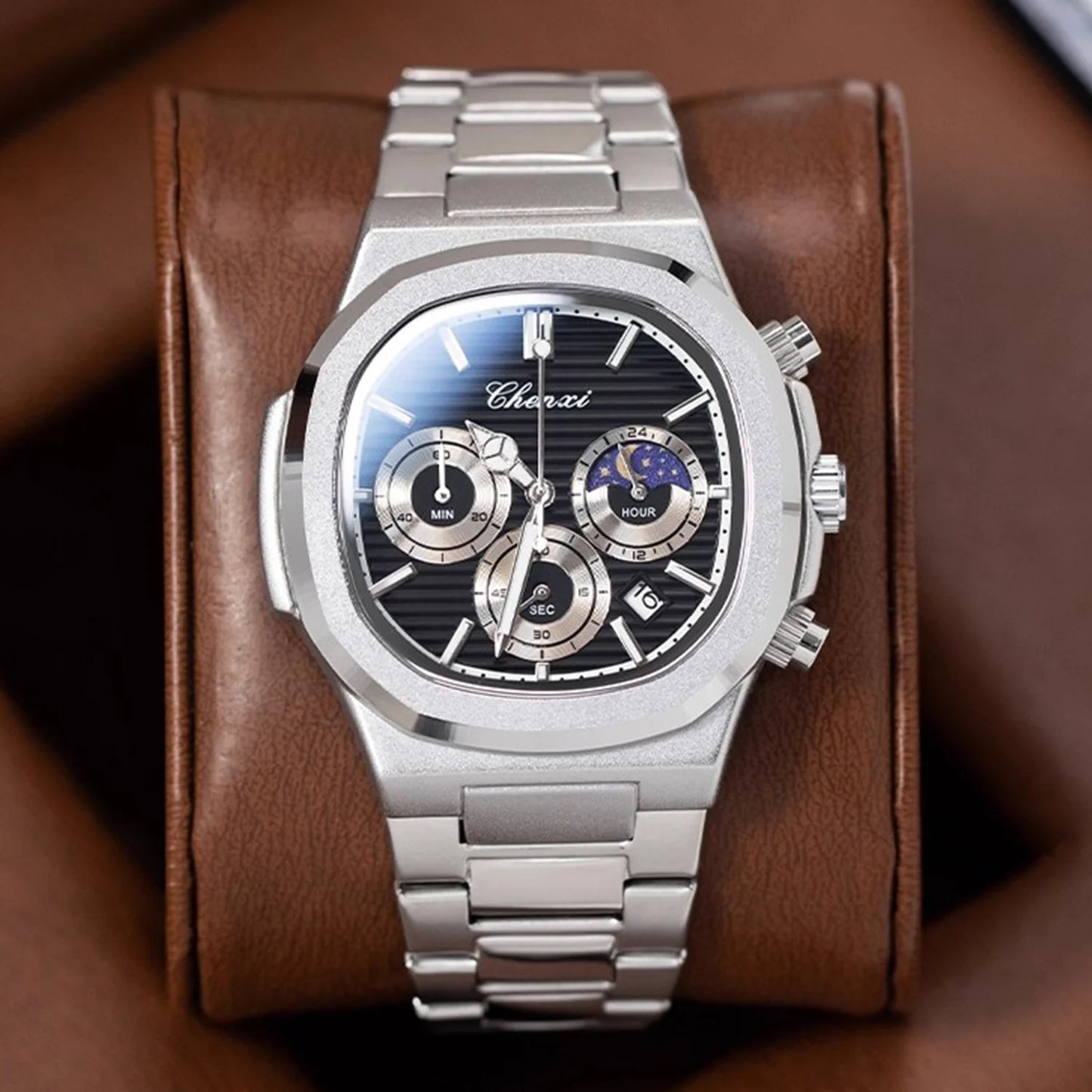 CHENXI Fashion Luxury Men's Watches Stainless Steel Quartz Movement Waterproof Calendar Moon Phase Chronograph Watch for Men