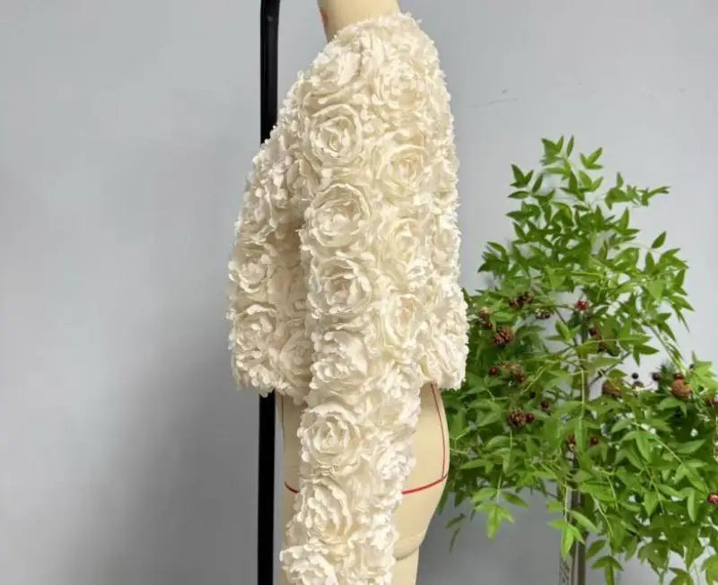 Spring and Autumn Simple Pure Color Round Neck Tops with Three-Dimensional Flower Shaped Texture Long Sleeved Jacket for Women