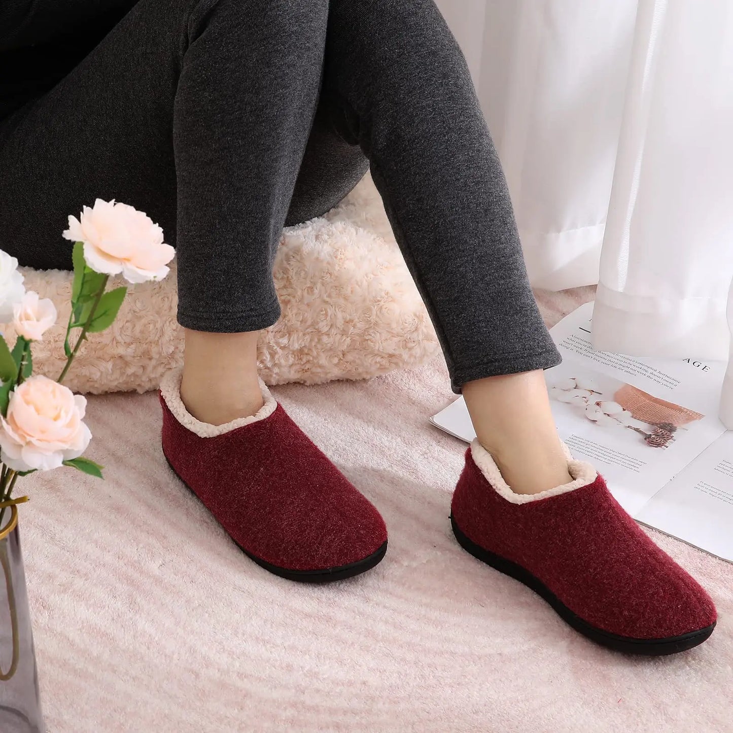 Evshine Women's Cozy Cotton Slippers Winter Warm Faux Fleece House Shoes Indoor Non-slip Memory Foam Slipper Casual Furry Slides
