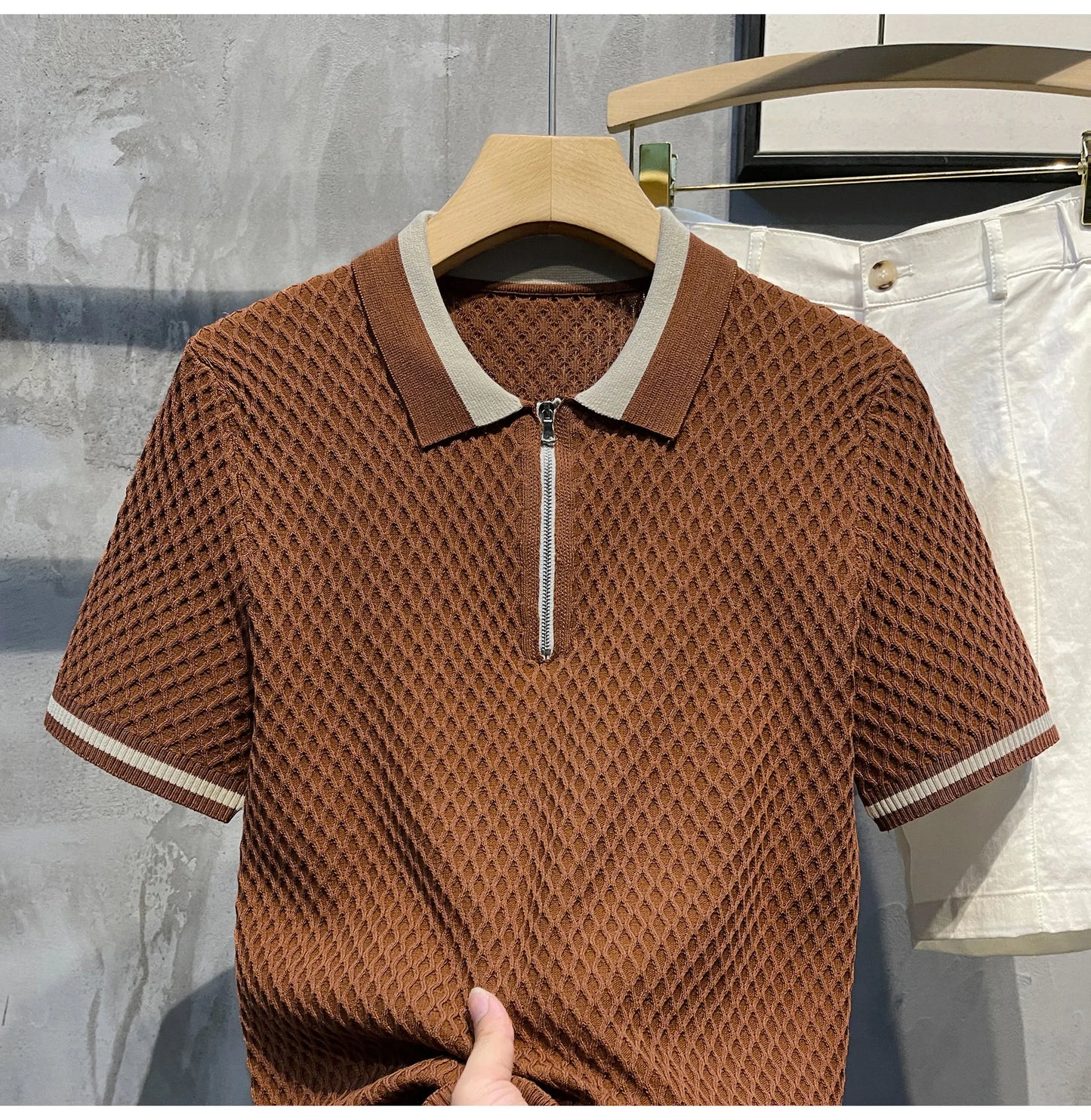 2026 Men's Casual V-Neck Knitted Jacquard Polo Shirt Solid Color Short Sleeve Solid Color Shirt Breathable Luxury Clothing B24