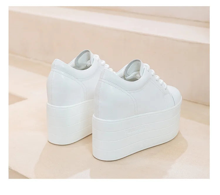 Fujin 12cm Genuine Leather Synthetic Women Autumn Spring Platform Wedge Women Fashion Sneakers Chunky Shoes Vulcanize Skateboard