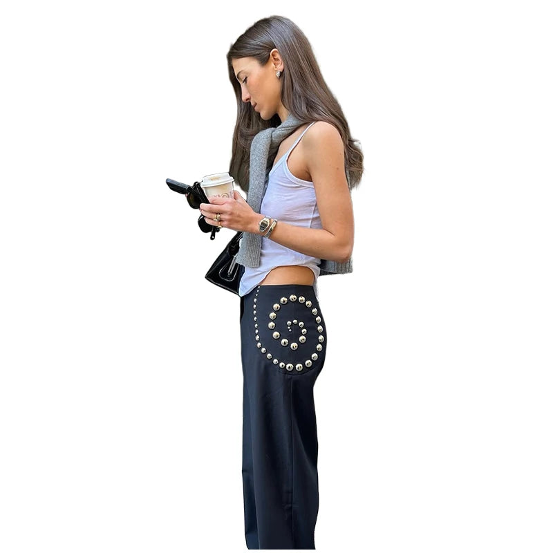 Studs Women Pants Solid Color Pants with Spiral Arranged Studs High Waist Straight Leg Pants Stylish Ladies Outfit  Street Style