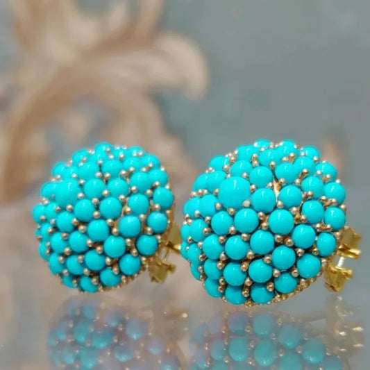 Vintage Synthetic Turquoise Flower Shape Stud Earrings For Women Elegant Court Style Gold Color Earrings Fashion Jewelry