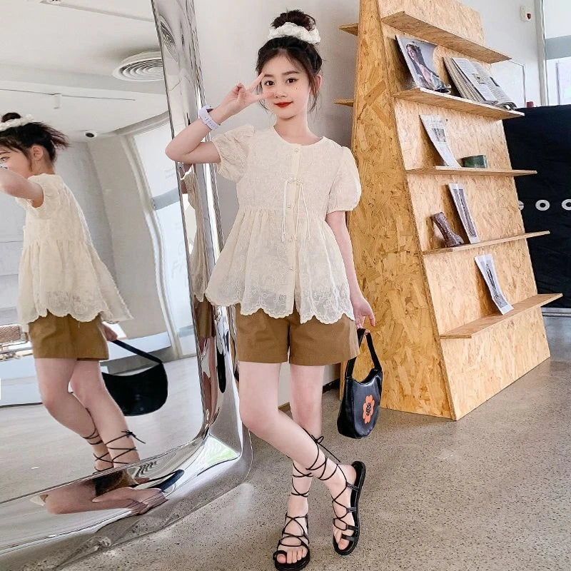 Girls Summer Outfit Set 2026 New Kids Short Sleeve Top and Shorts 2 Piece Clothing for Toddlers Stylish Casual Holiday Wear