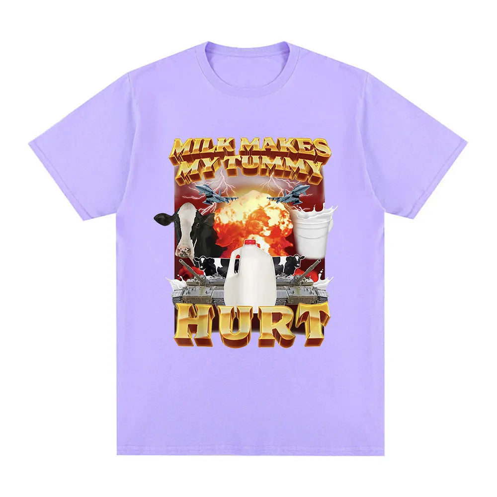 Milk Makes My Tummy Hurt T-shirt Lactose Tolerant Funny Meme Graphic T Shirt Men Fashion Vintage Hip Hop Short Sleeve T-shirts