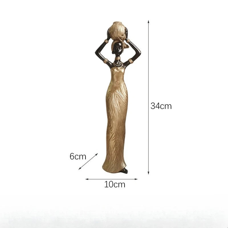 African Woman Statues Resin Tribal Lady Figurines Black Gold Home Decor Ethnic Ornaments for Living Room