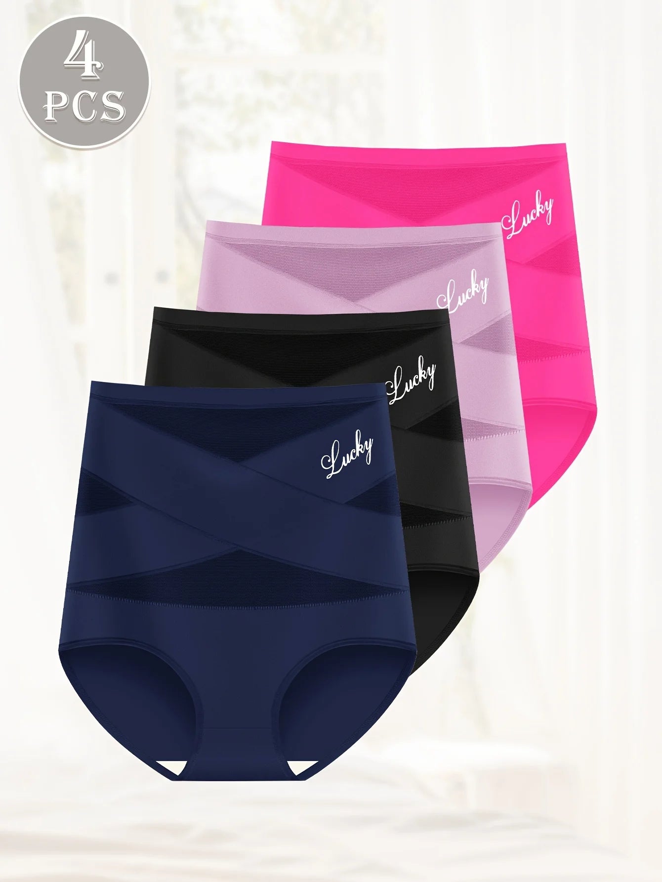 4pcs High Waist Mesh Contrast Letter Print Briefs, Elegant Comfy Breathable Stretchy Intimates Panties, Women's Lingerie &